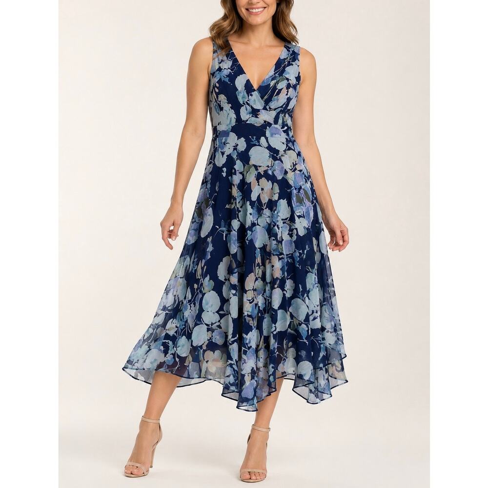 Rabbit Rabbit Rabbit Designs Blue Floral Chiffon Fit & Flare Midi Dress Size 10